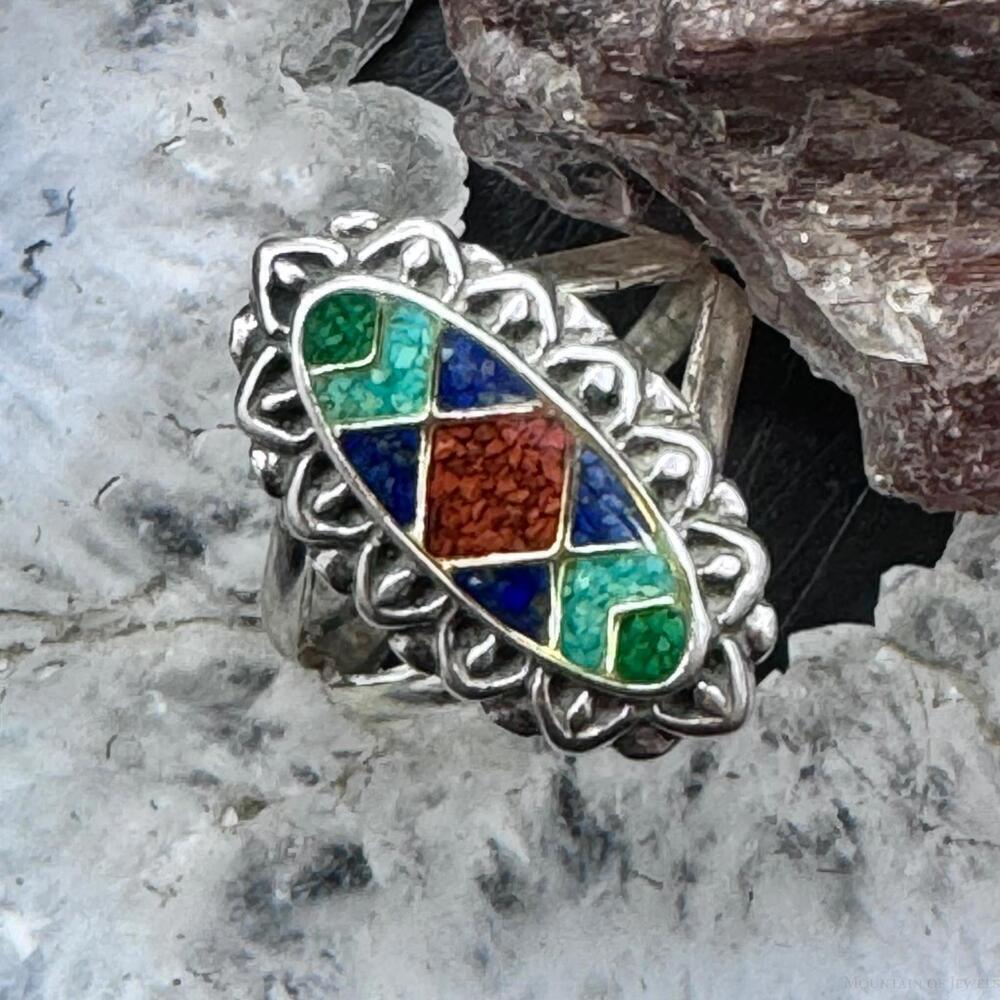 Carolyn Pollack Sterling Elongated Oval Multistone Chip Inlay Ring For Women